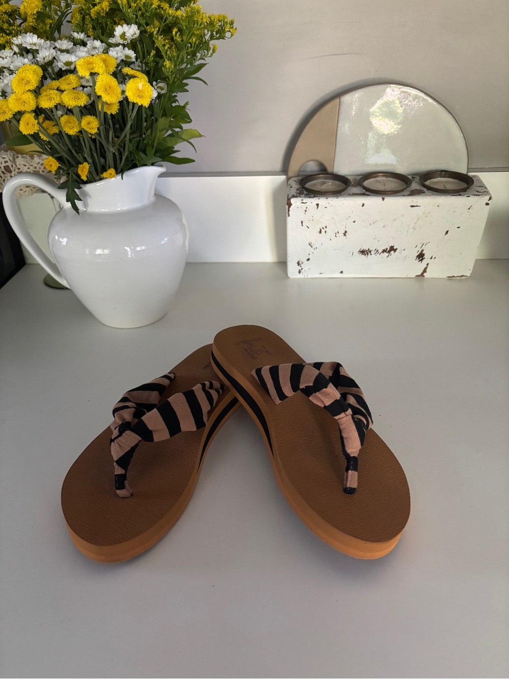 Striped Knot-Top Flip Flop Sandals in Pink and Black